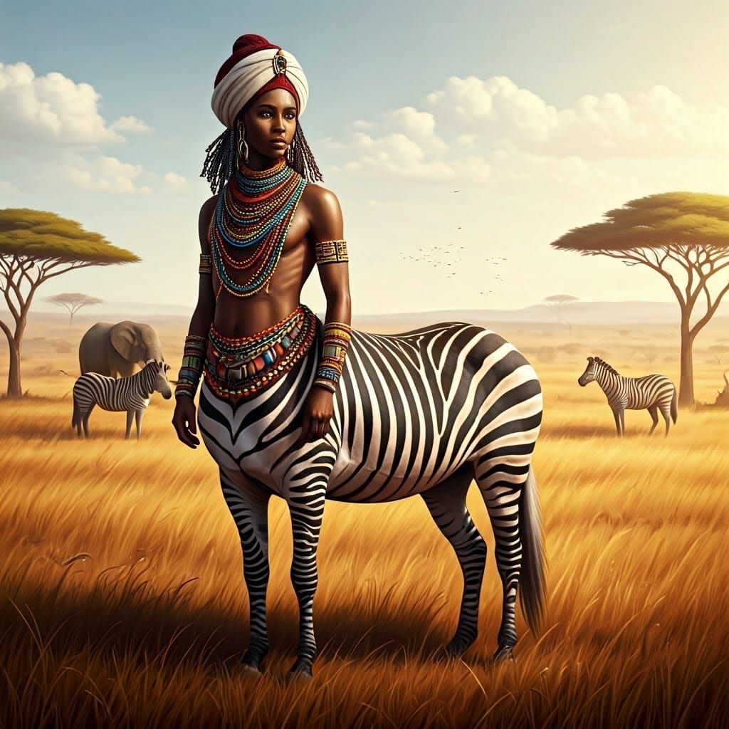 Zebra Centaur in Sunlit Savannah, Hyperrealistic Style