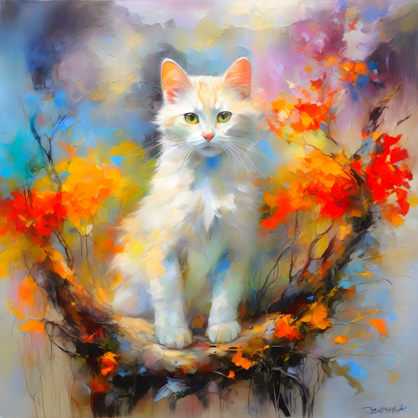Kitten in Abstract Garden, Painterly Style