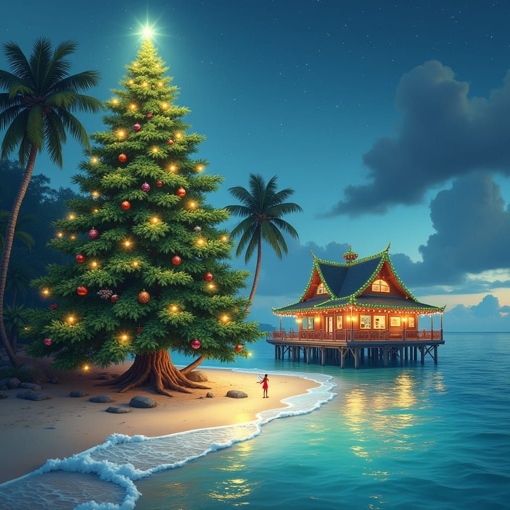 Majestic Christmas Tree by the Beach in Vibrant Emerald Gree...