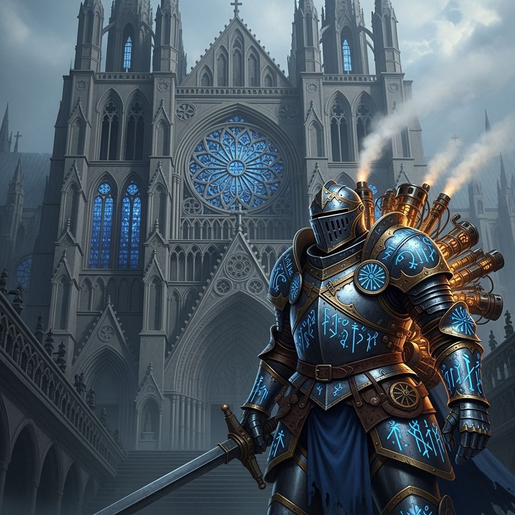 Steampunk Knight Guarding Gothic Cathedral