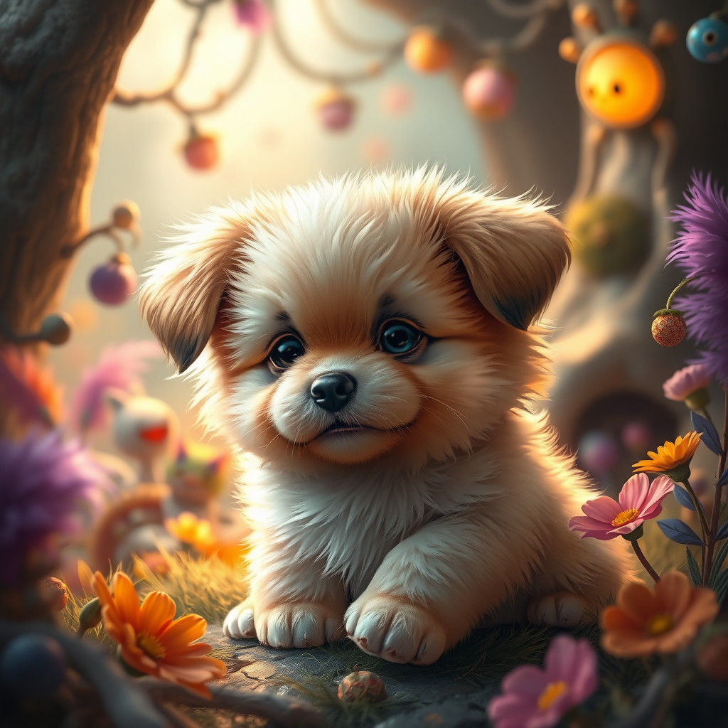 Whimsical Puppy in Mythical Forest Concept Art