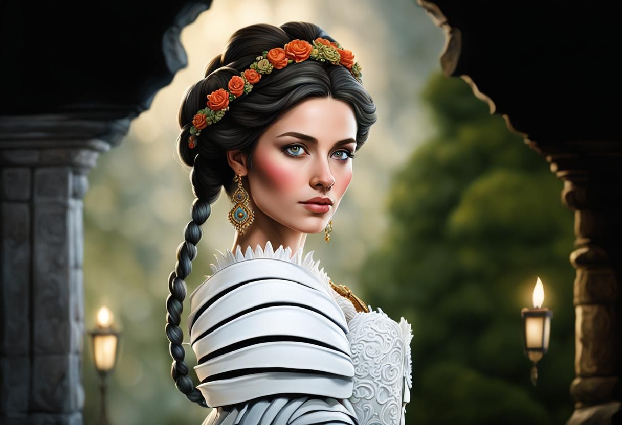 Beautiful Romani Woman in Medieval Dress, Realistic Painting
