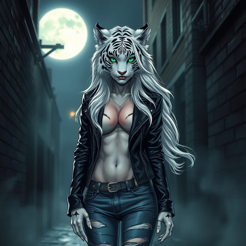 Half-Human White Tiger Woman in Comic Book Style
