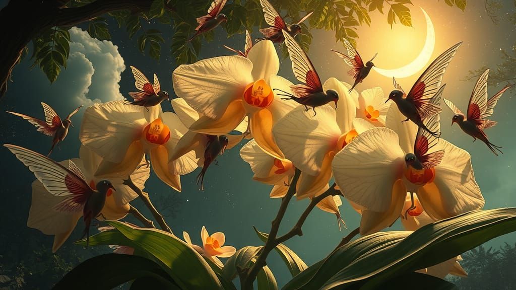 Pixies Flying Over Moonlit Orchid in Dreamscape