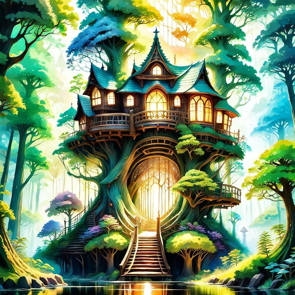 Magical Treehouse in Fantasy Forest: Watercolor Style