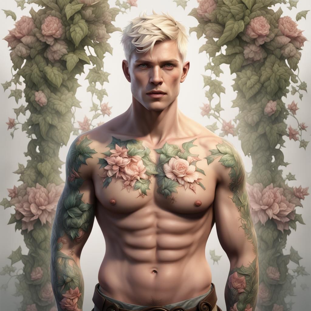Shirtless Man with Floral Tattoos: Detailed Matte Painting