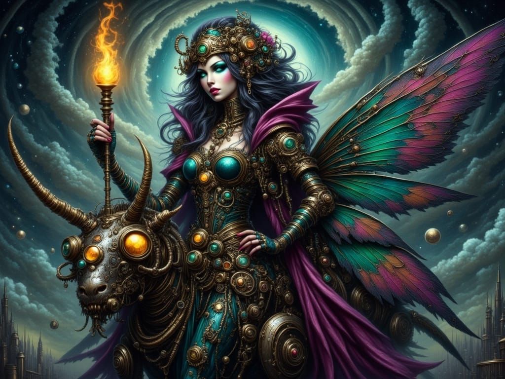 Steampunk Fairy Queen Rides Majestic Insectoid Steed