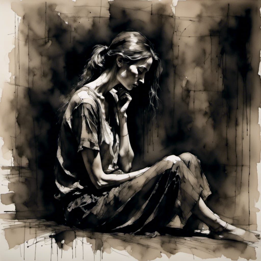 Grieving Woman Charcoal Sketch in Chiaroscuro Lighting