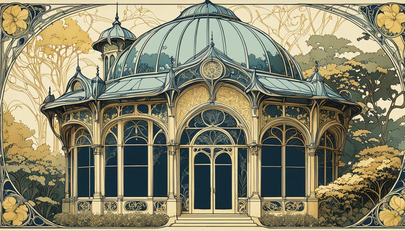 Art Nouveau Garden Pavilion Blueprint in Alphonse Mucha Styl...