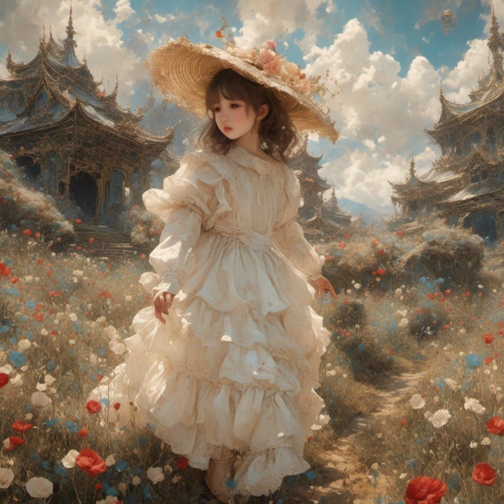 Girl with Umbrella in Spring Cherry Blossoms