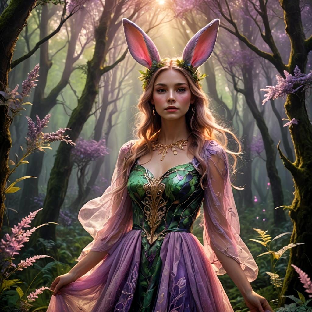 Ethereal Woman with Pink Bunny Ears in Fantasy Art