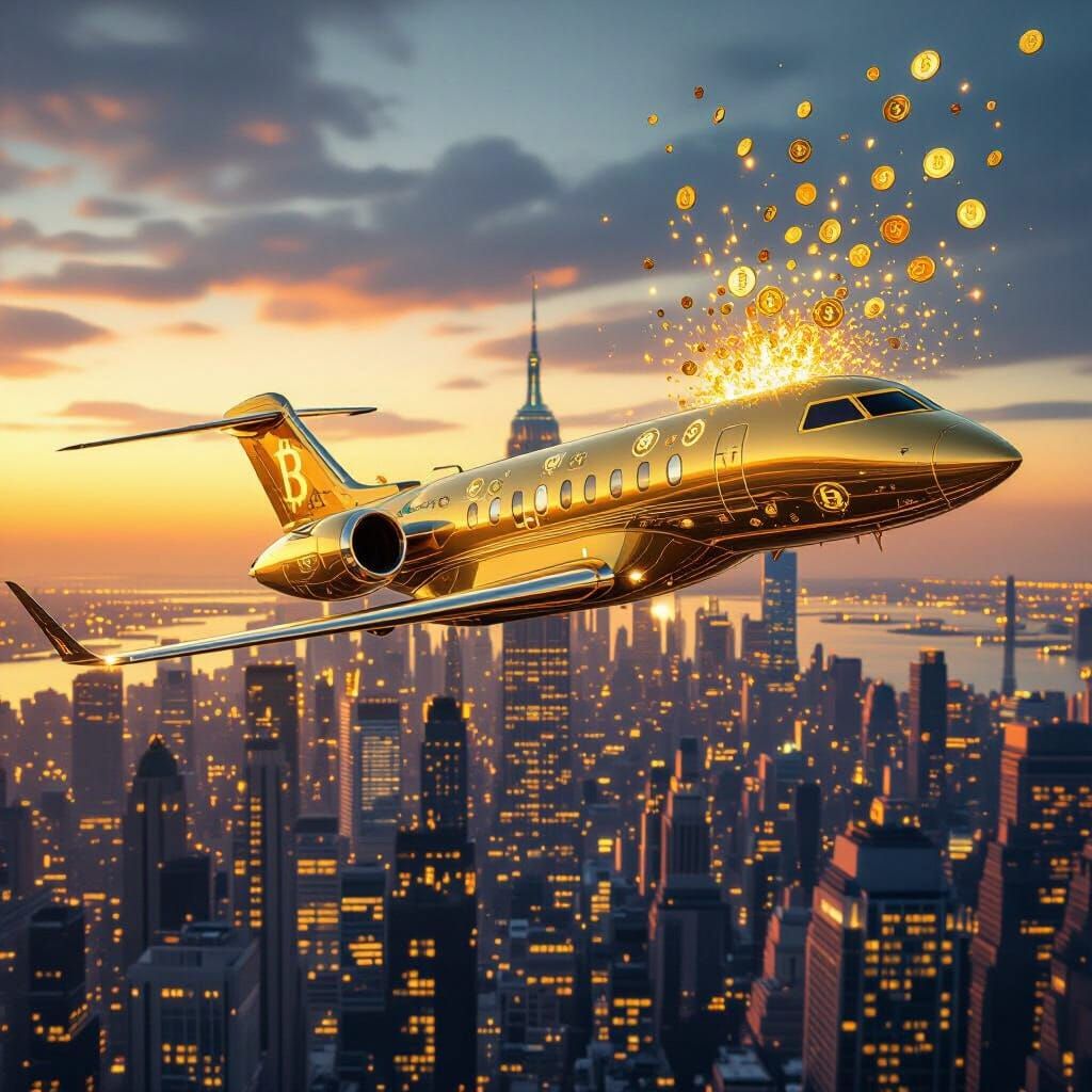 Golden Crypto Jet Soars Over Futuristic Cityscape