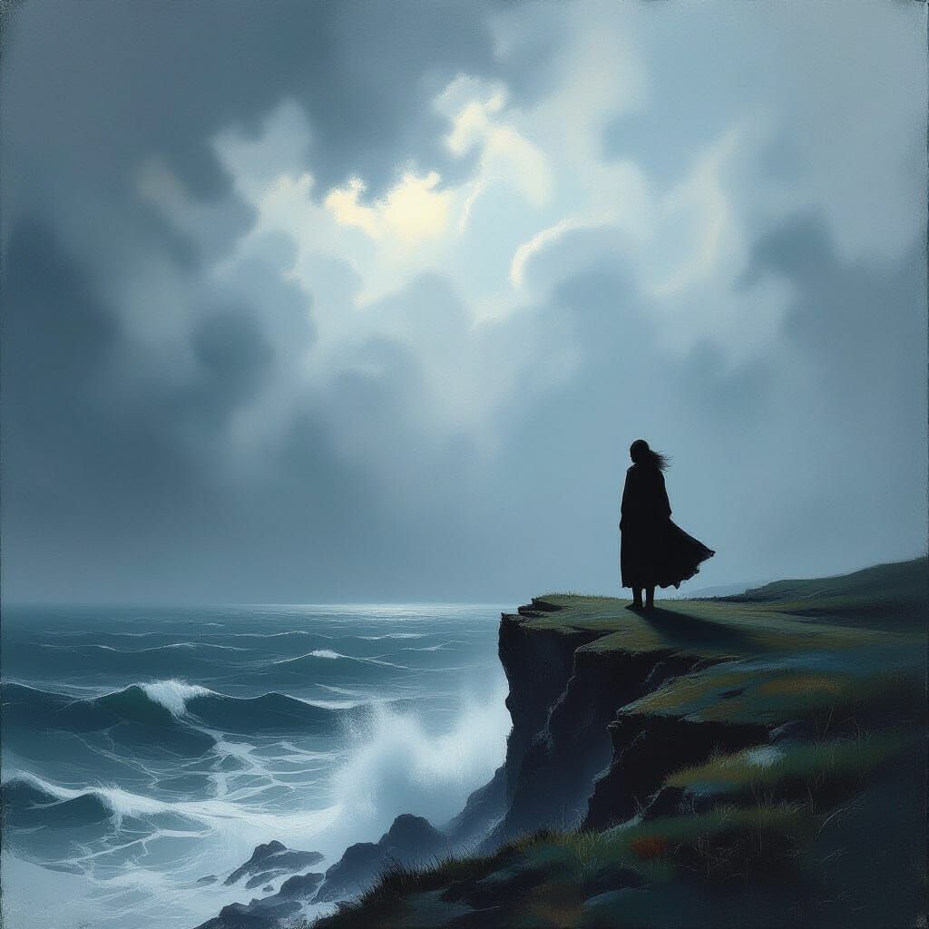 Resilient Figure Facing Stormy Sky