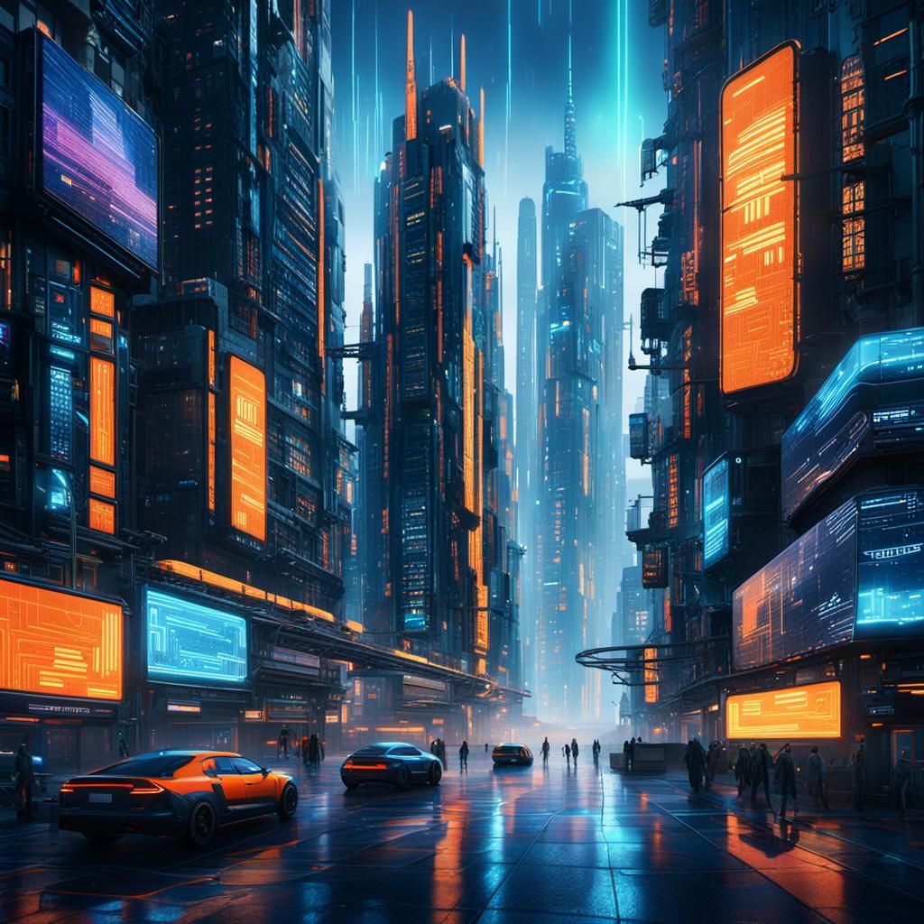 Cyberpunk Cityscape with Holographic Advertisements