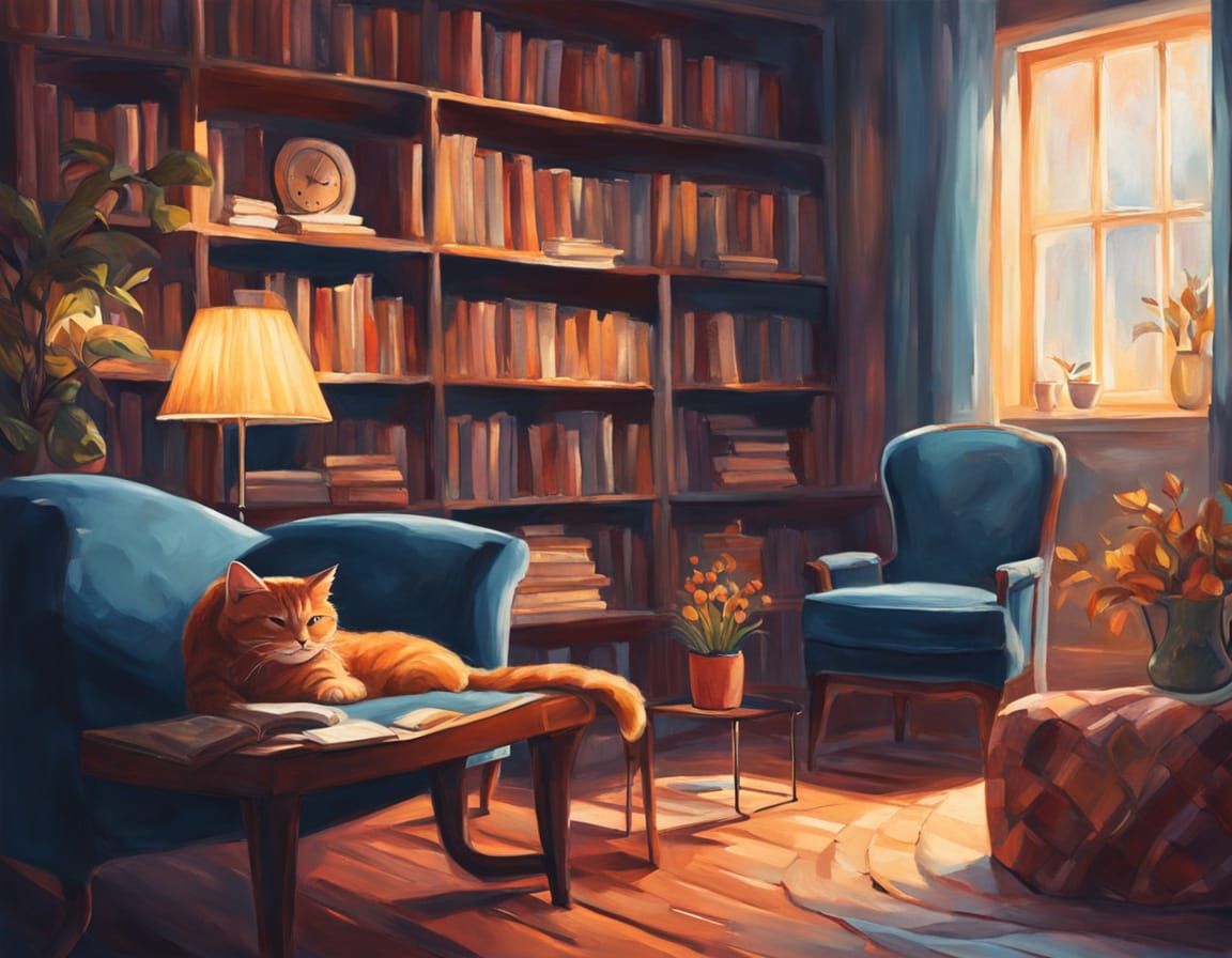Cozy Library with Cat in Acrylic Style