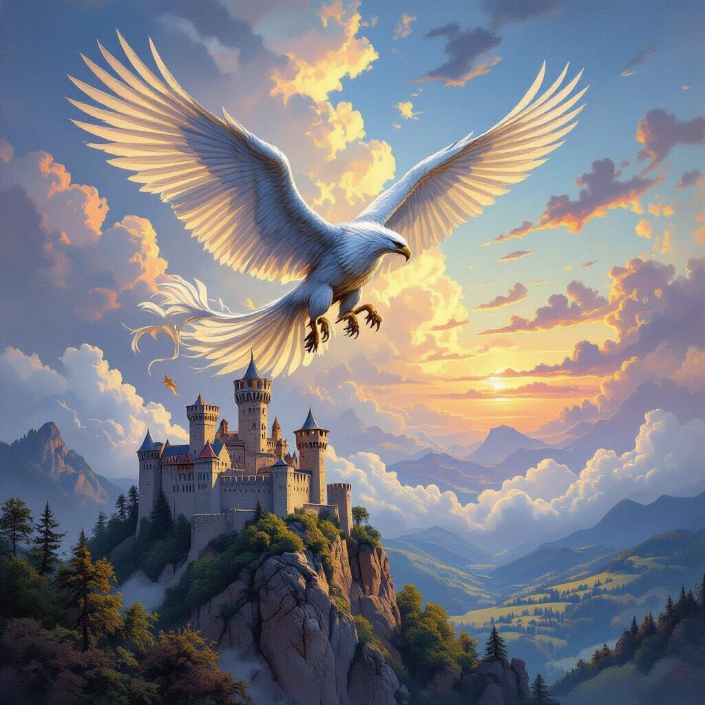 Griffin Soaring Above Medieval Castle in Oil Painting Style