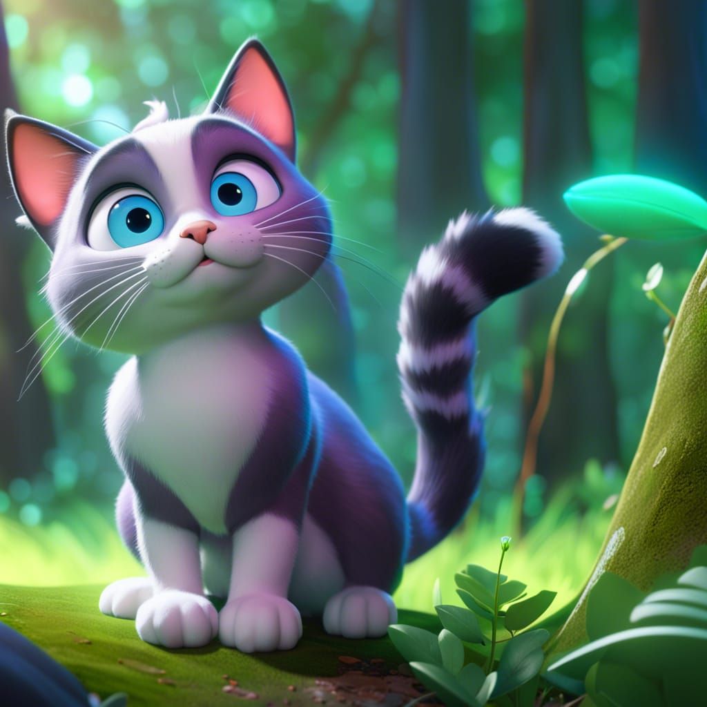 Cute Cat in Forest, Pixar-Style 3D Digital Art