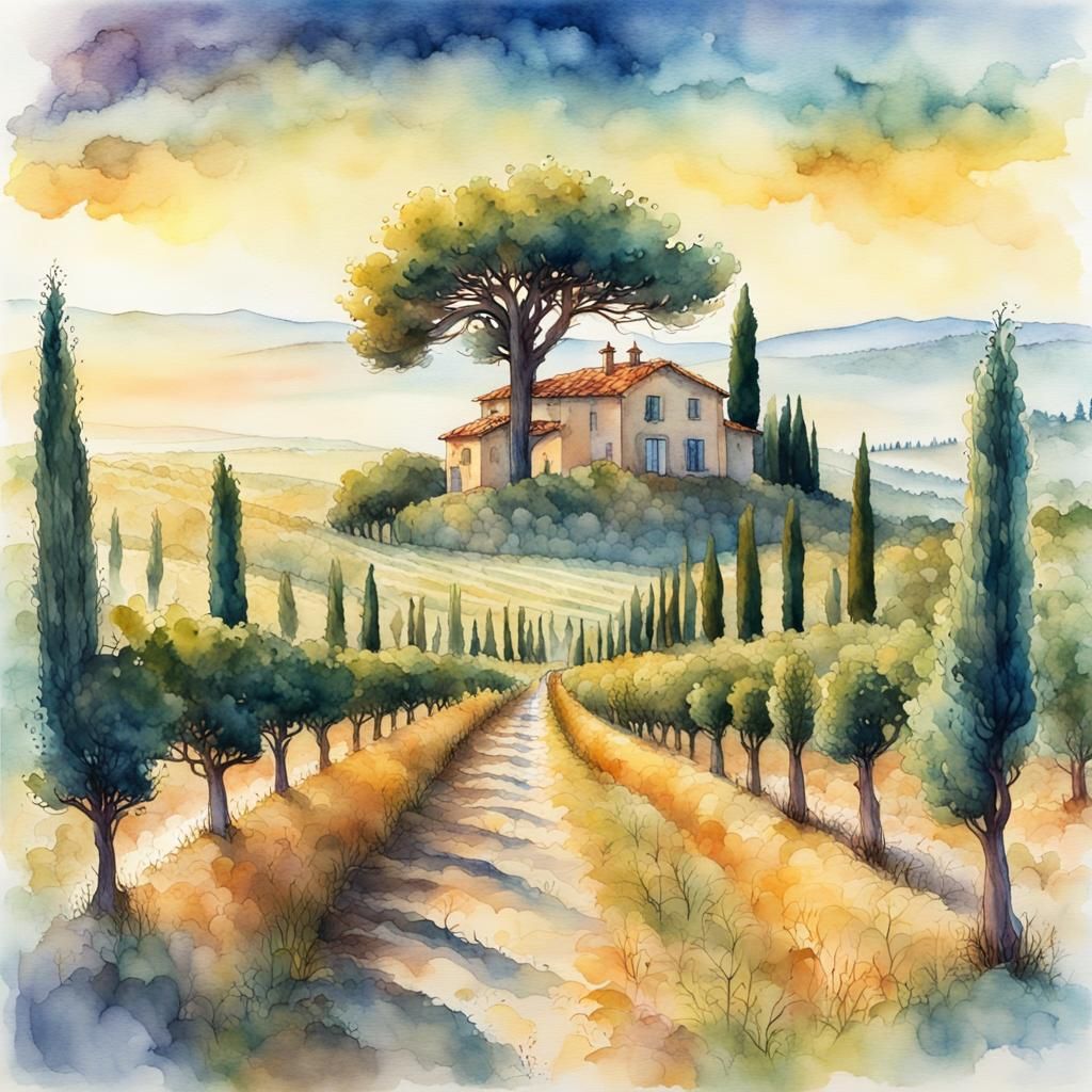 Watercolor Landscape of Provence at Sunrise