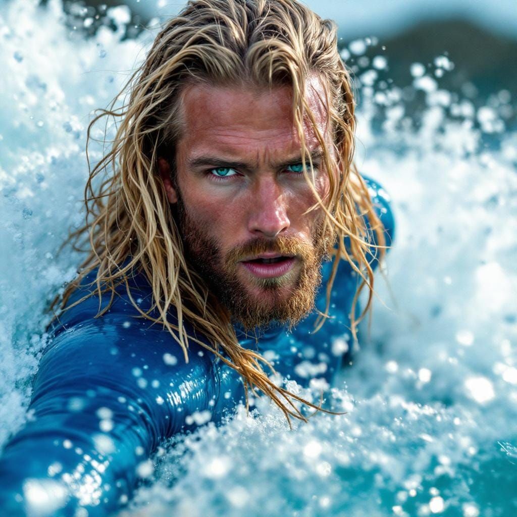 Close-Up of a Surfer Riding a Huge Wave