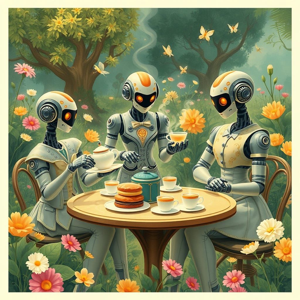 Robots' Futuristic Tea Party in Botanical Garden