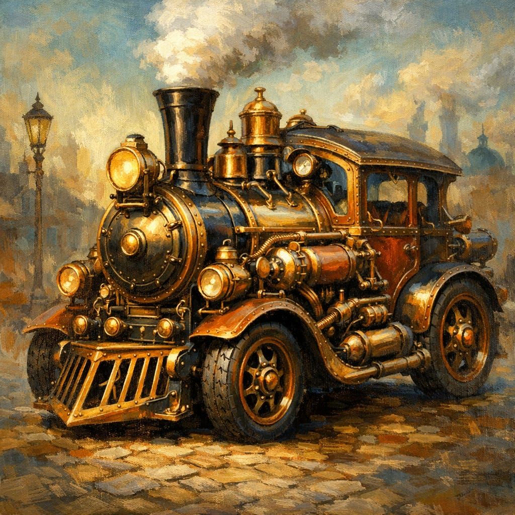 Steampunk Locomotive Car with Gleaming Brass Gears