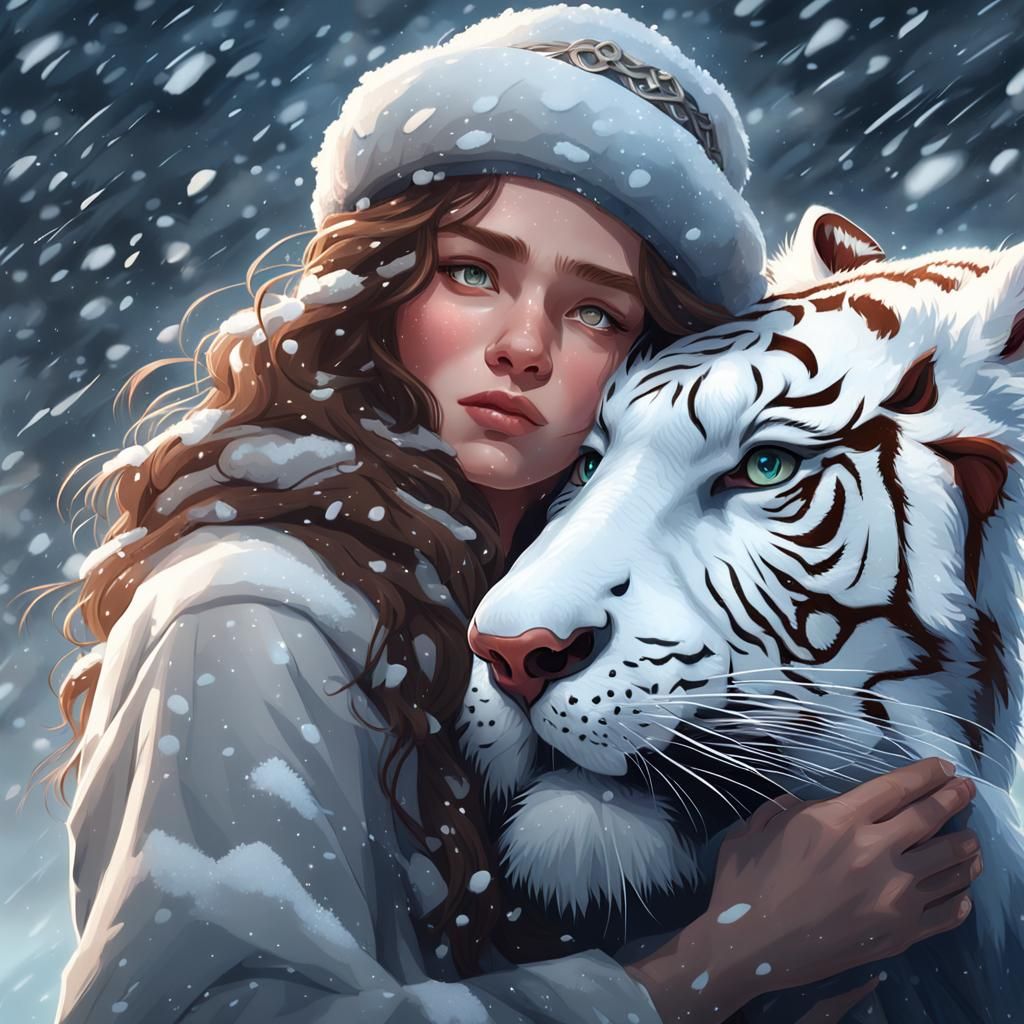 Girl and White Tiger in Snowy Weather
