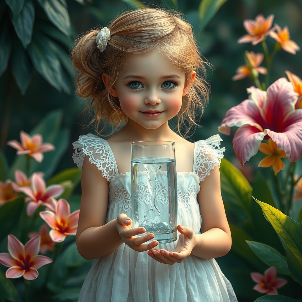 Girl Holds Miniature Waterfall in Futuristic Realism Style