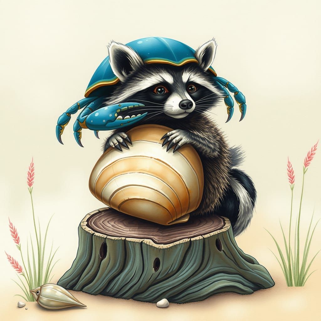 Raccoon in Crab Shell Helmet, Dreamy Illustration