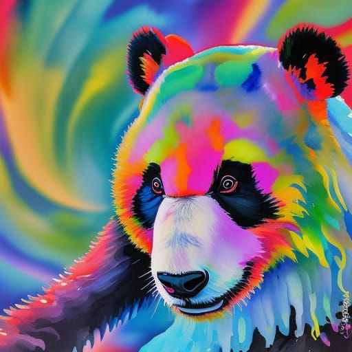 Neon Panda in Gouache Style Watercolor Painting