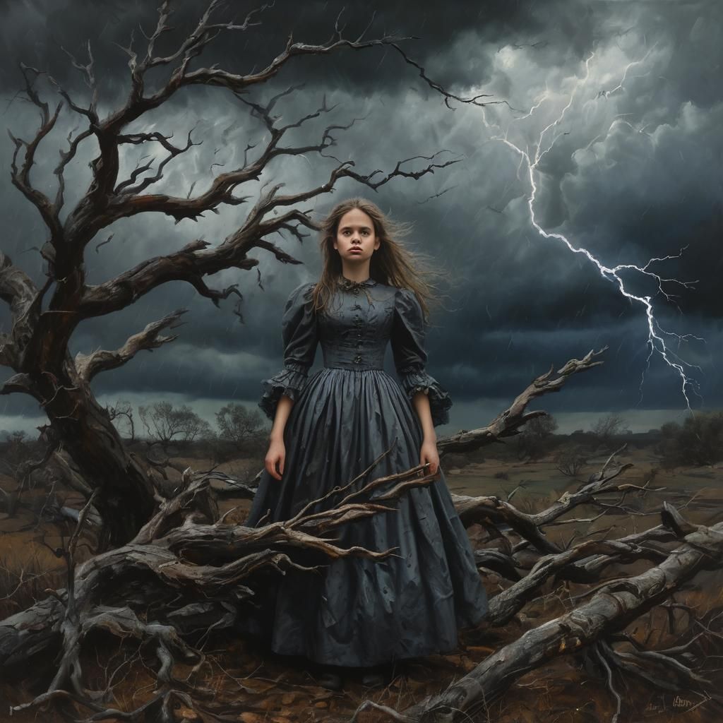 Girl in Victorian Dress Amidst Stormy Moors