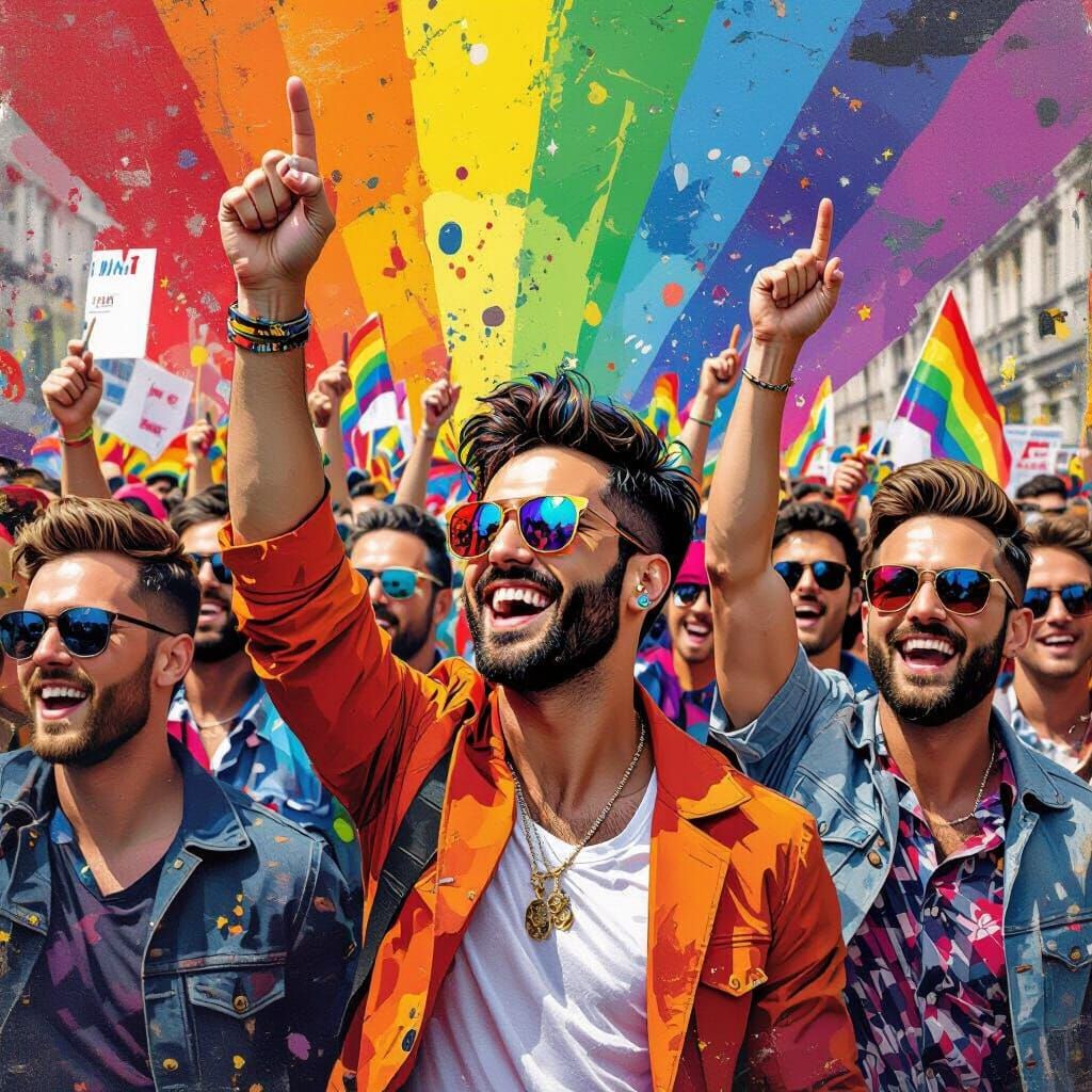 Pride Demonstration: Vibrant Rainbow Collage of Diverse Men