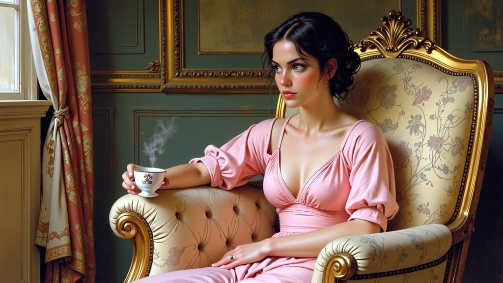 Elegant Woman with Tea, Impressionistic Oil Painting