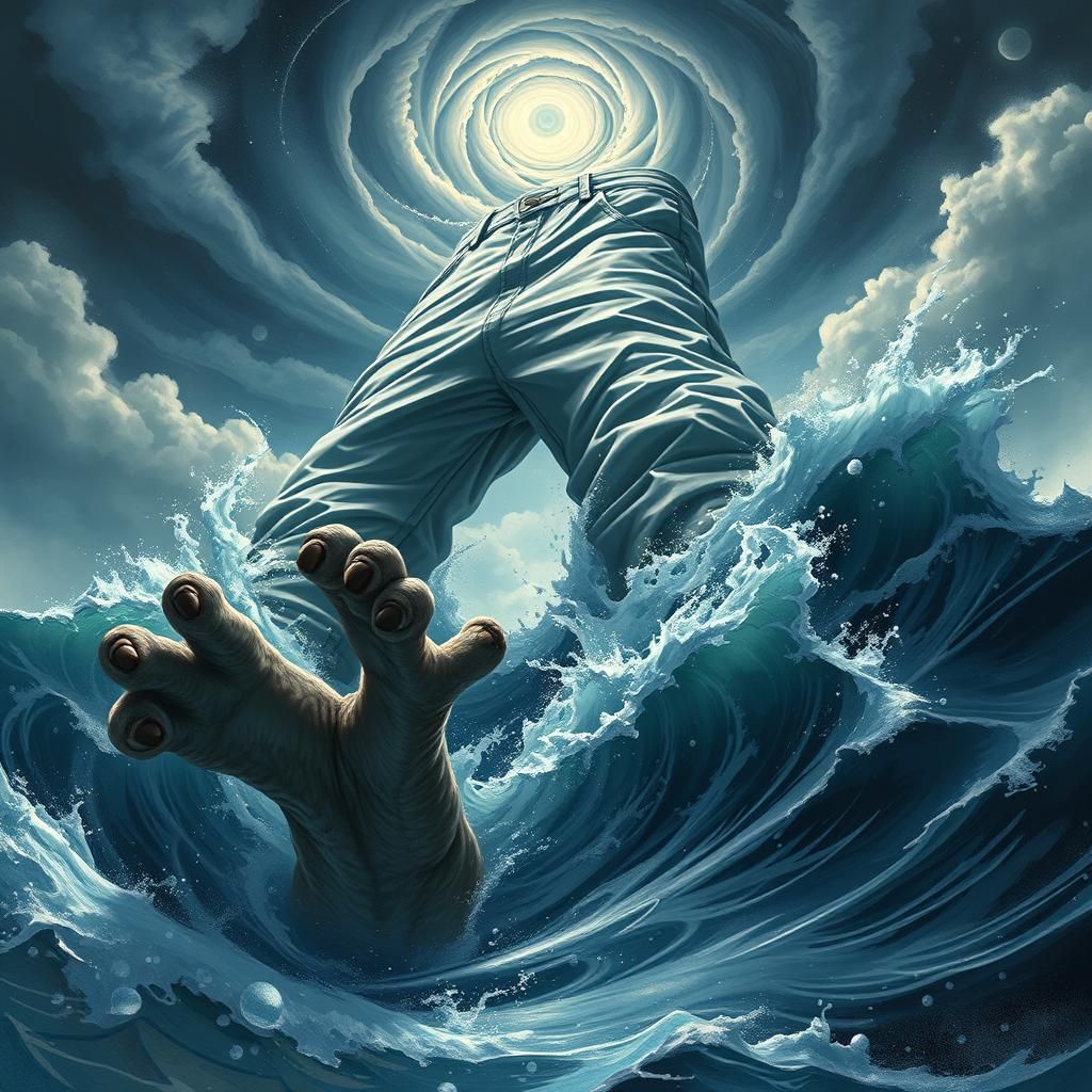 Gigantic Cat Reaching for Pants in Ocean