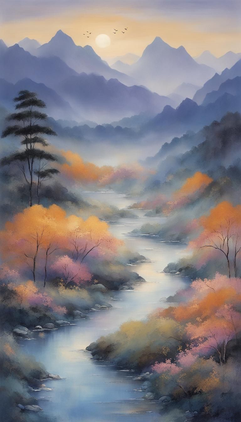 Misty Mountain Valley with Calligraphic Brushstrokes