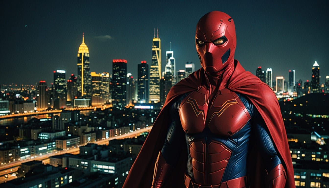 Epic Red Masked Hero Dominates Night City Skies