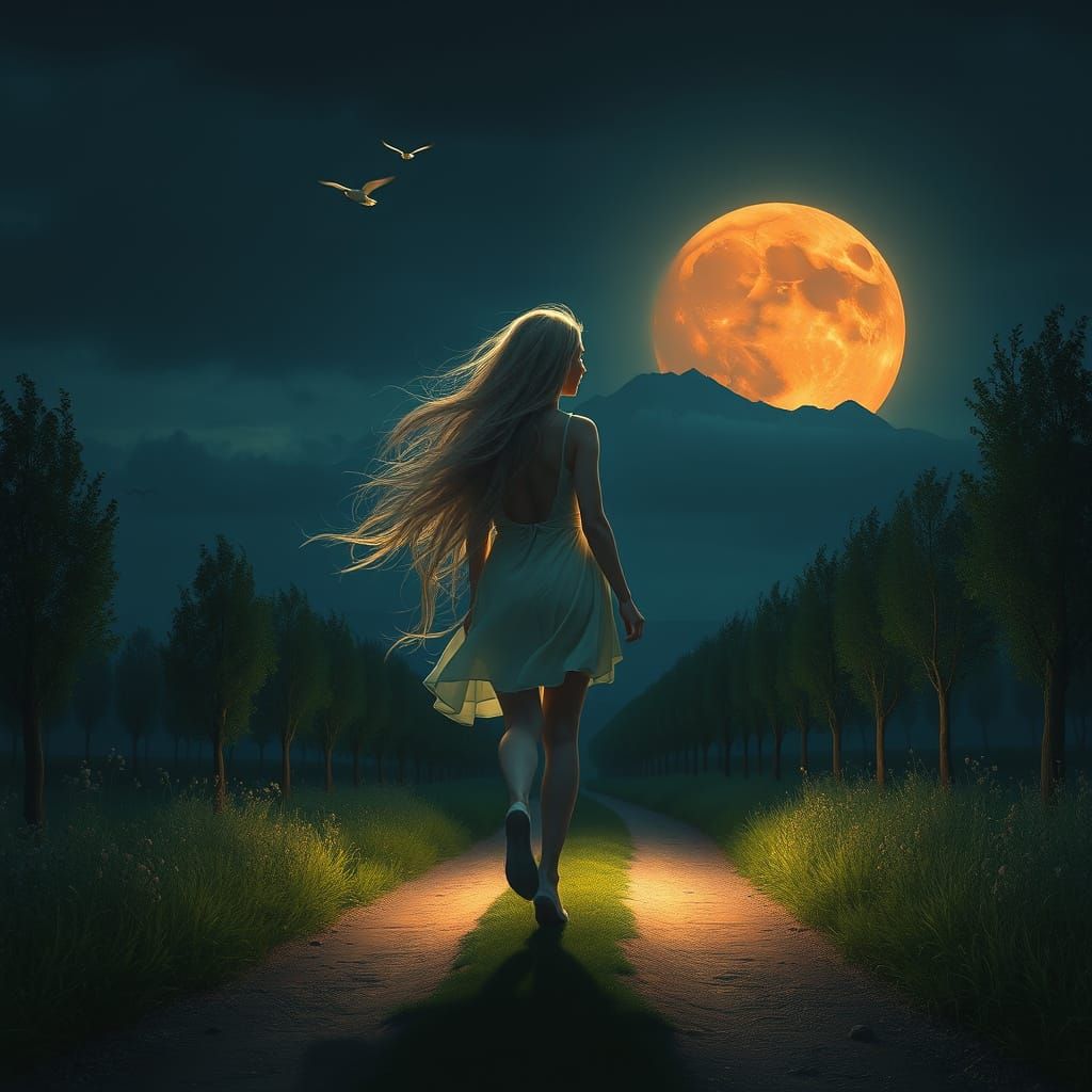 Blonde Woman Walks Under Rose-Gold Moonlight in a Dark Fores...
