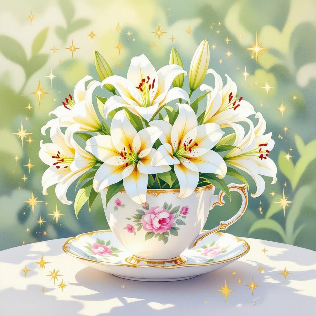 Teacup with Lilies and Stars in Watercolor Style