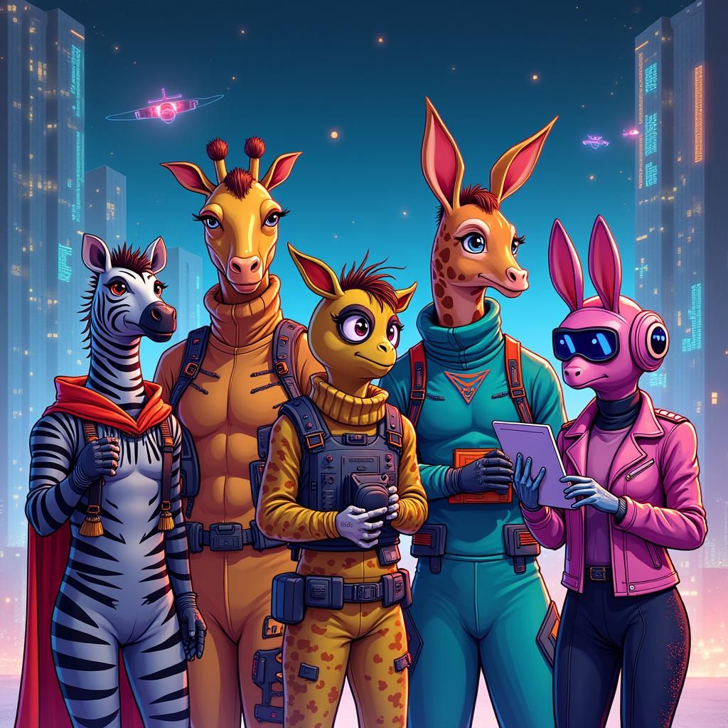 Five Friends in Futuristic Cityscape: Digital Illustration