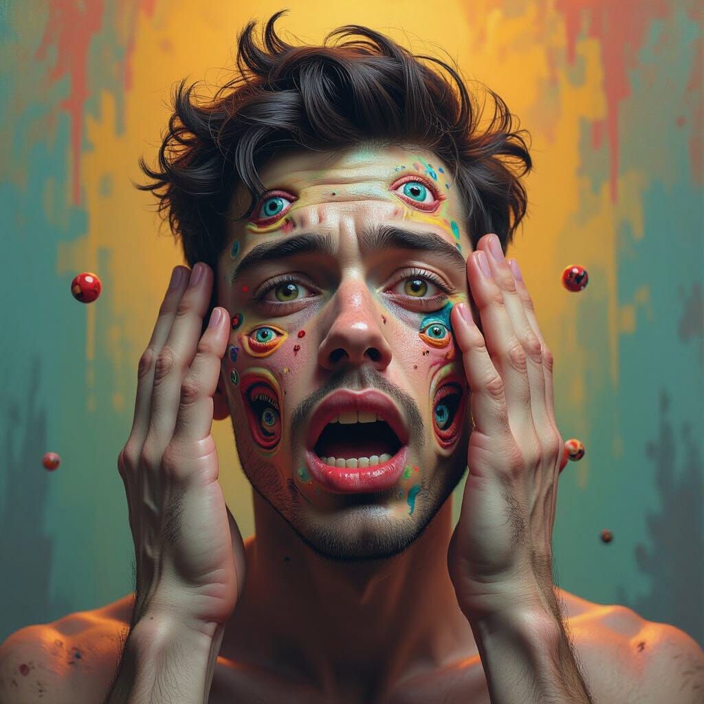 Distorted Human Portrait with Multiple Mouths and Eyes