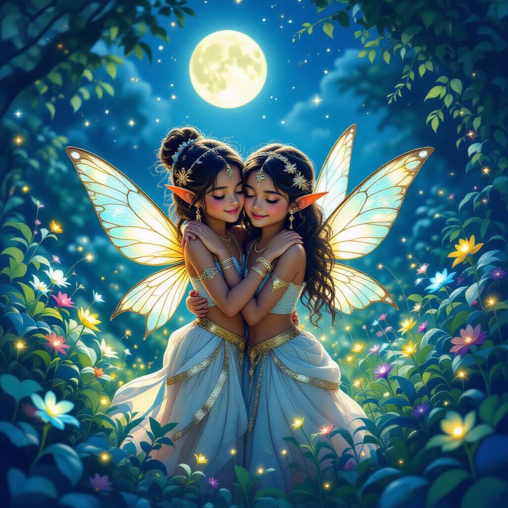 Fairies Embrace in Bioluminescent Garden as Digital Painting