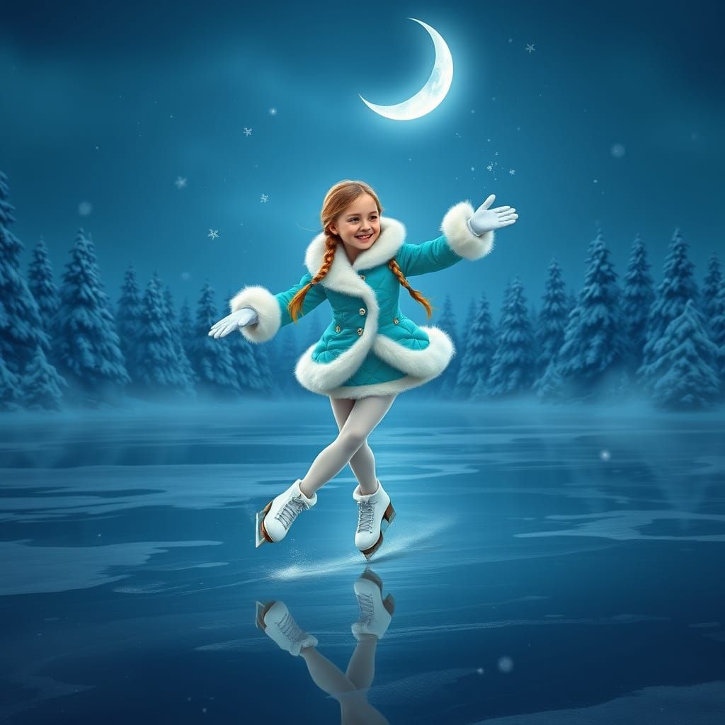 Turquoise Snow Maiden Glides Across Frozen Lake in Winter Wo...