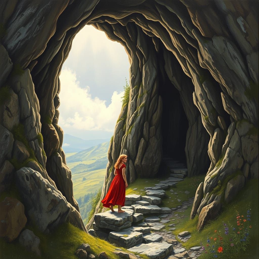 A cave in the face of a windswept lonely tor. A redhead all ...