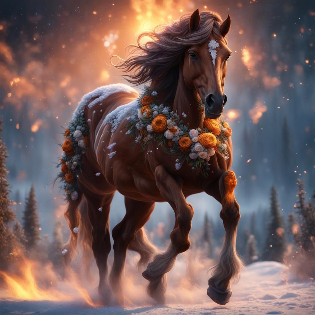 Majestic Horse Head with Flowers, Ice and Fire