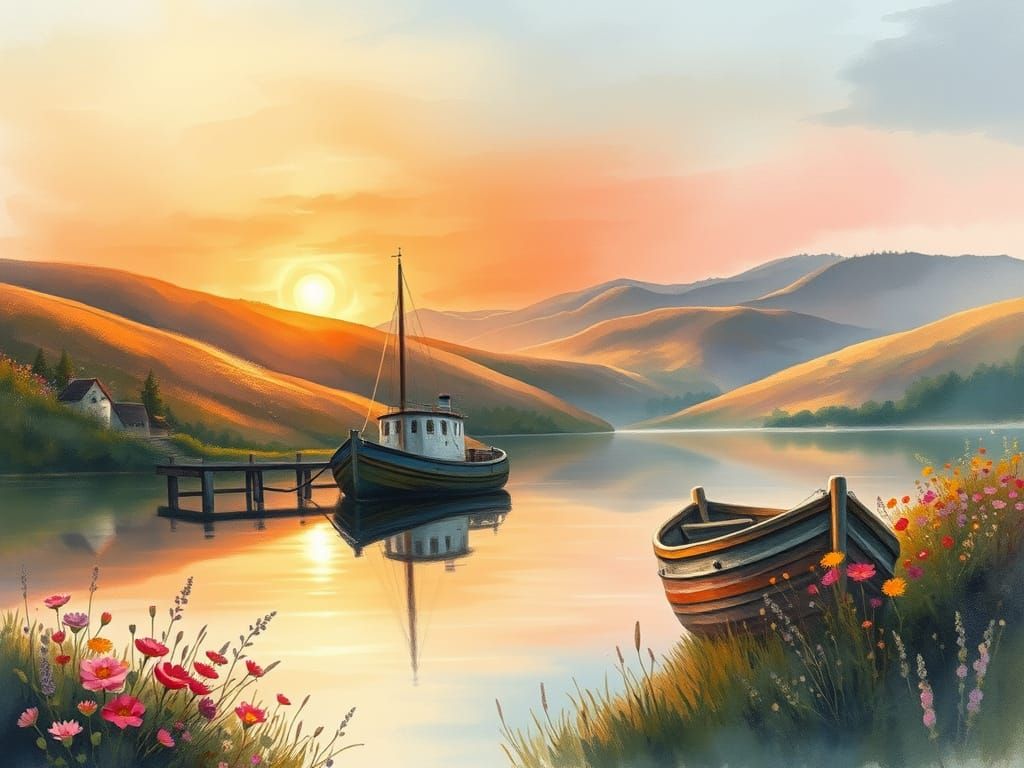 Fairytale Boat on Lake: Watercolor Sunset Scene