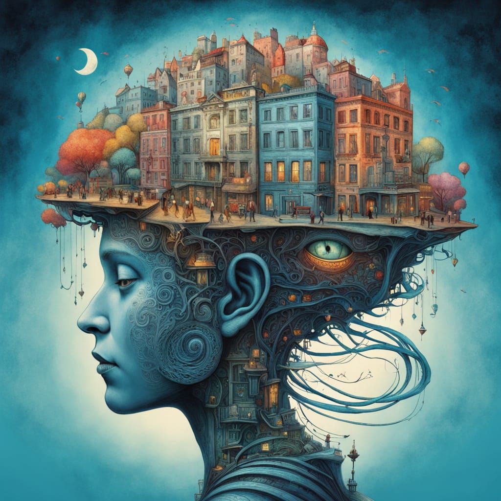 Surreal Neurobrain in Cyberpunk Style with Fine Line Paintin...