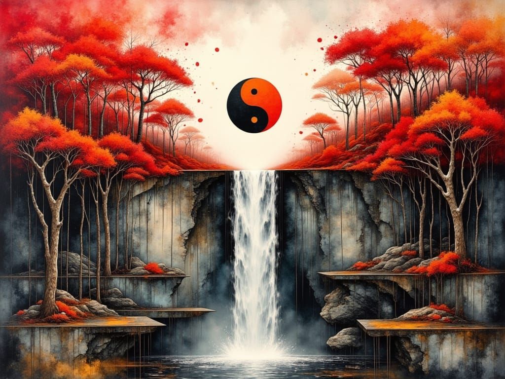 Yin-Yang Landscape with Autumn and Spring Trees