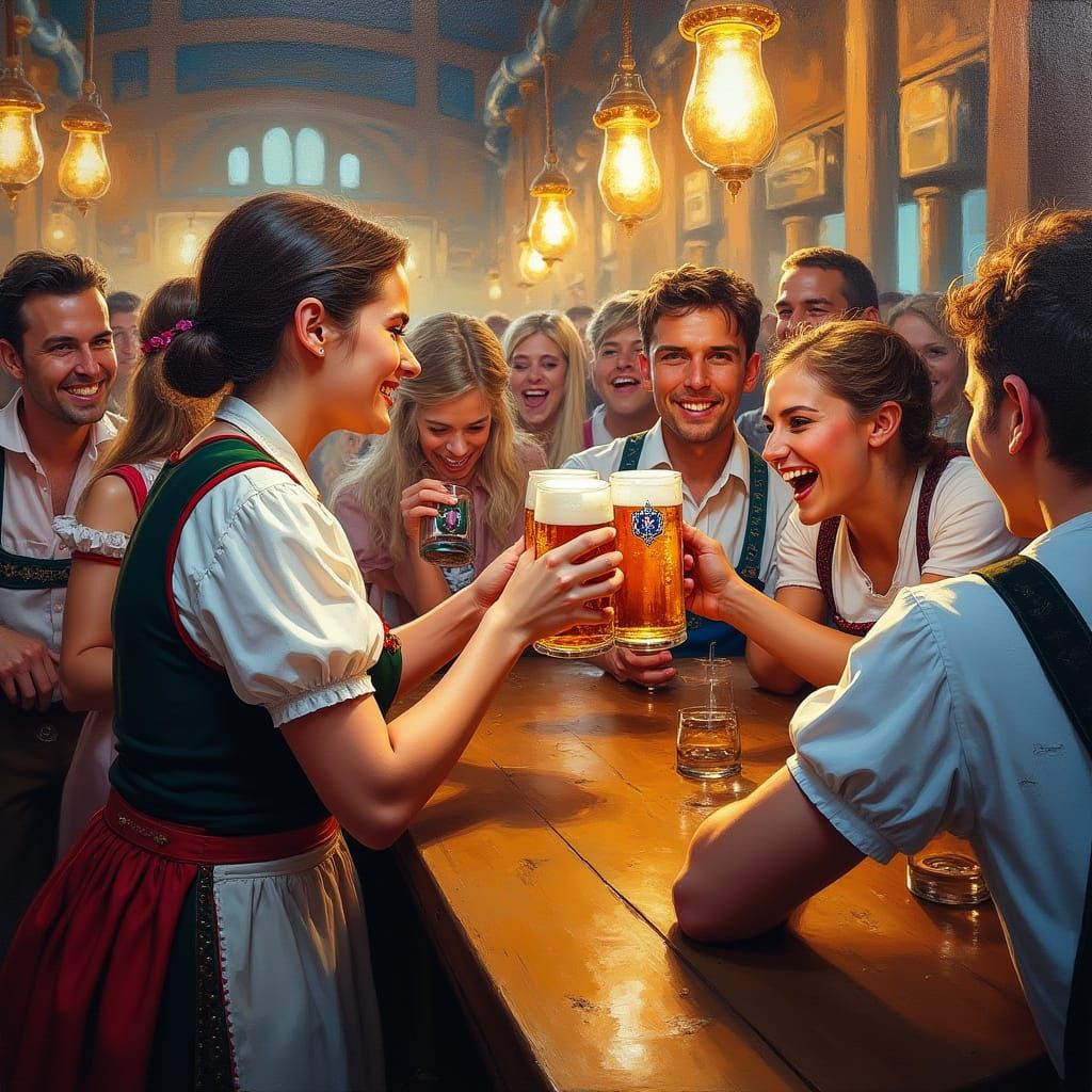 Oktoberfest Barmaid Serving Beers in Vibrant Street Art Styl...