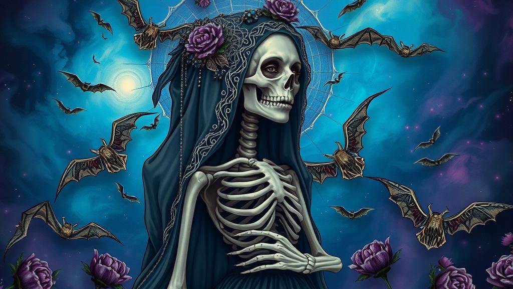 Gothic Skeleton with Dark Flowers in Cosmic Illustration