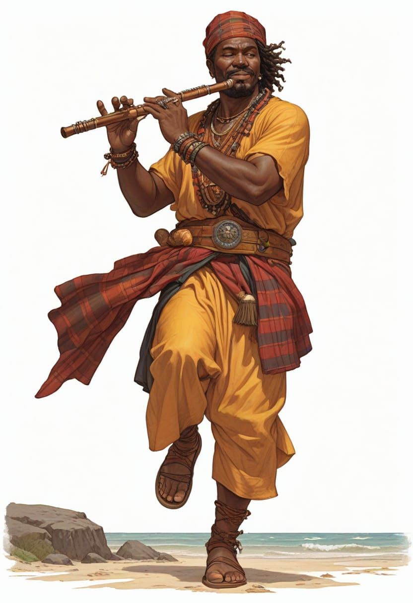 Caribbean Man Playing Pan Flute on Beach