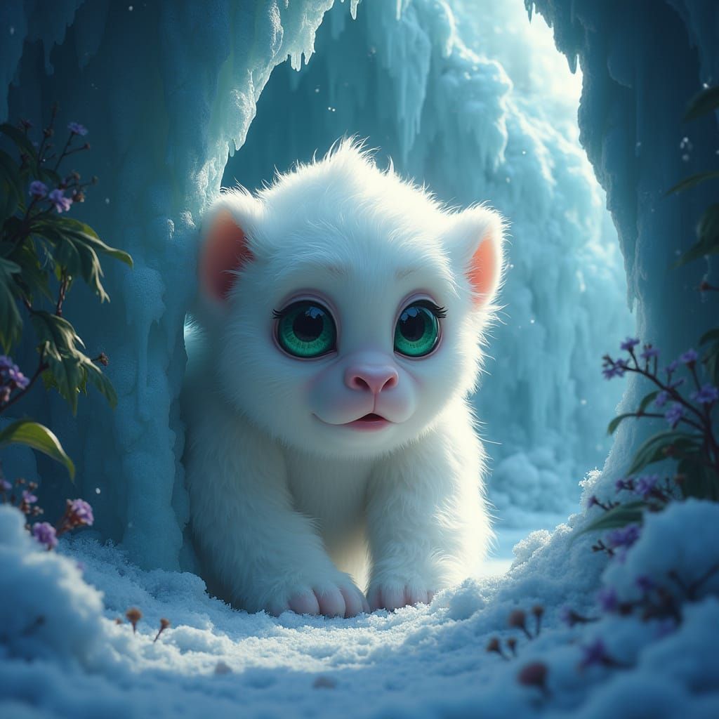 Majestic Baby Yeti Playfully Peeks from Frosty Ice Cave